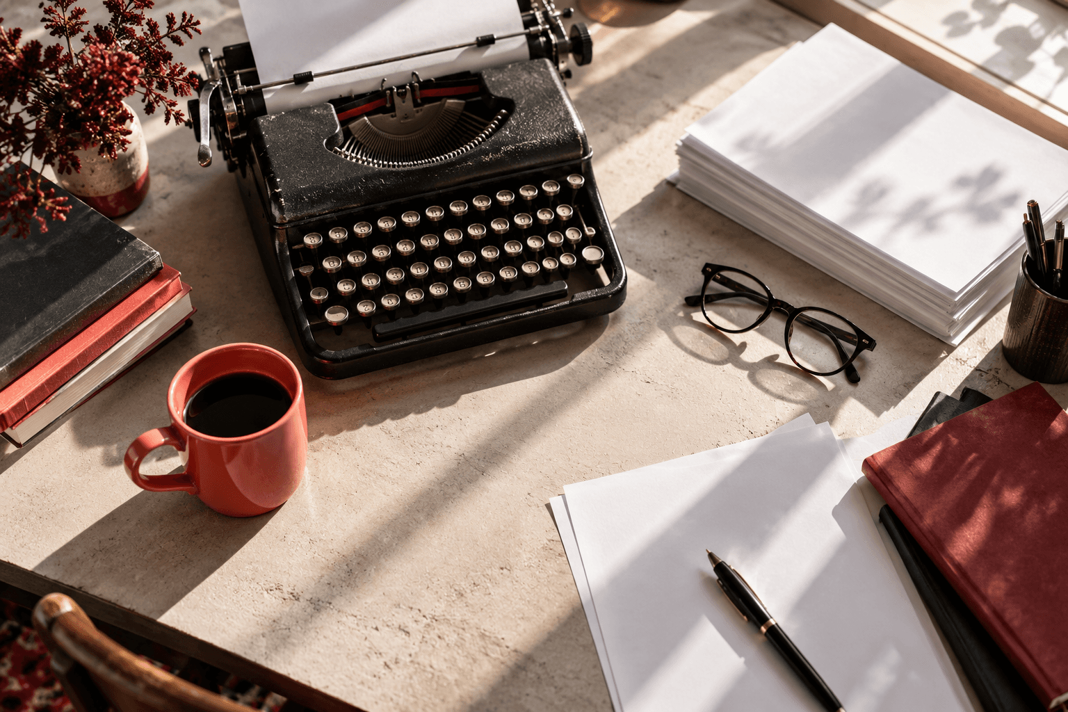 Black typewriter, blank paper, reading glasses and coral coffee cup on a sunlit desk